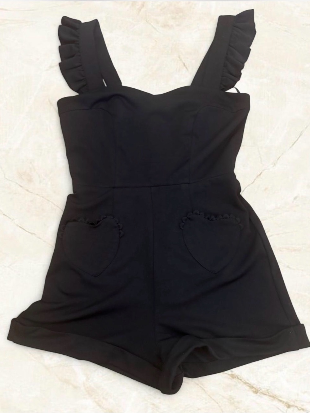 Collectif Women’s Black Ruffled Strap Heart Pocket Romper Mininalist Mod Small